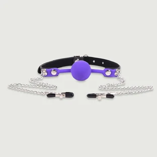 Silikon Ballknebel mit Nippelklemmen - Lila