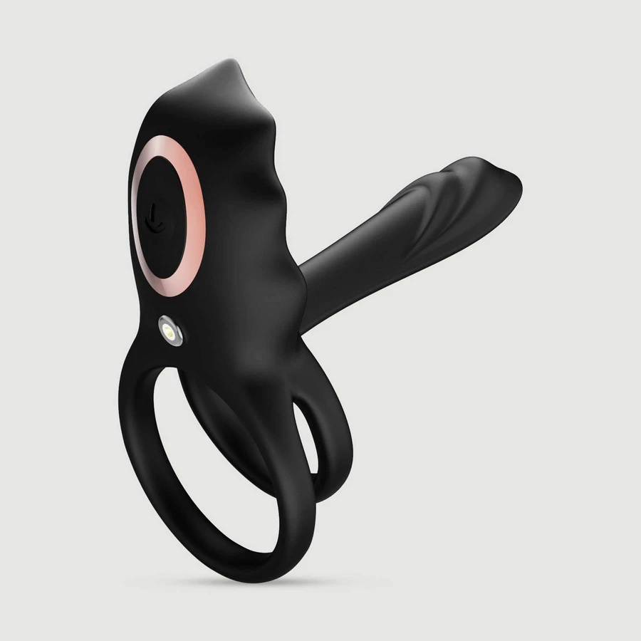 Anillo para el pene doble flexible de silicona con estimulador de clítoris - Negro