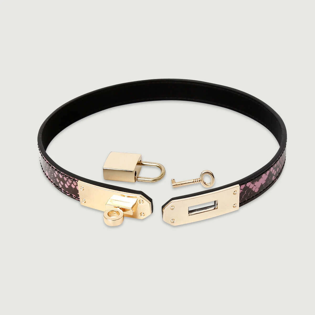Luxuriöses Lederarmband mit Schloss und Schlangendruck - Schwarz/Rosa