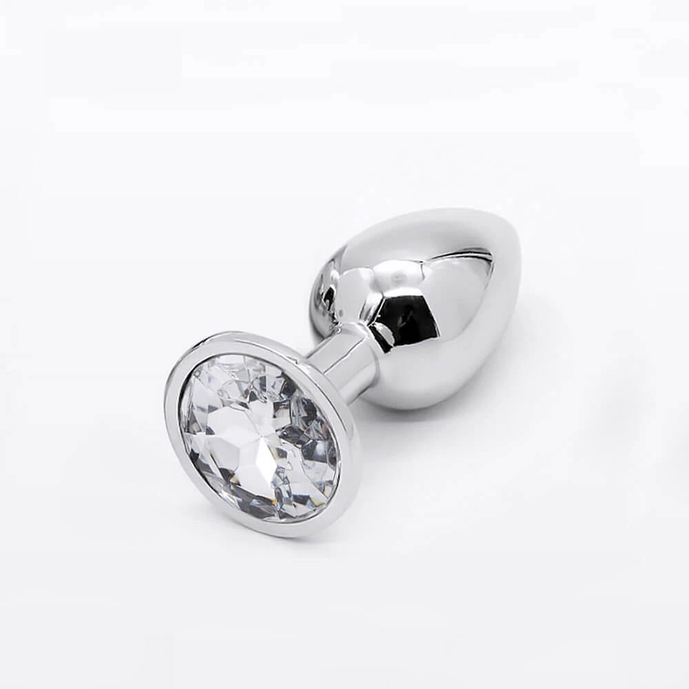 Anal Collection Großer Metall Butt Plug mit rundem Schmuckstück - Silber/Transparent