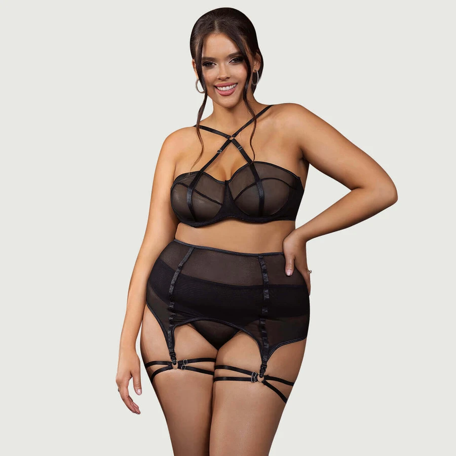 Plus Size Mesh Underwire Garter Lingerie Set - Black - Large/X-Large