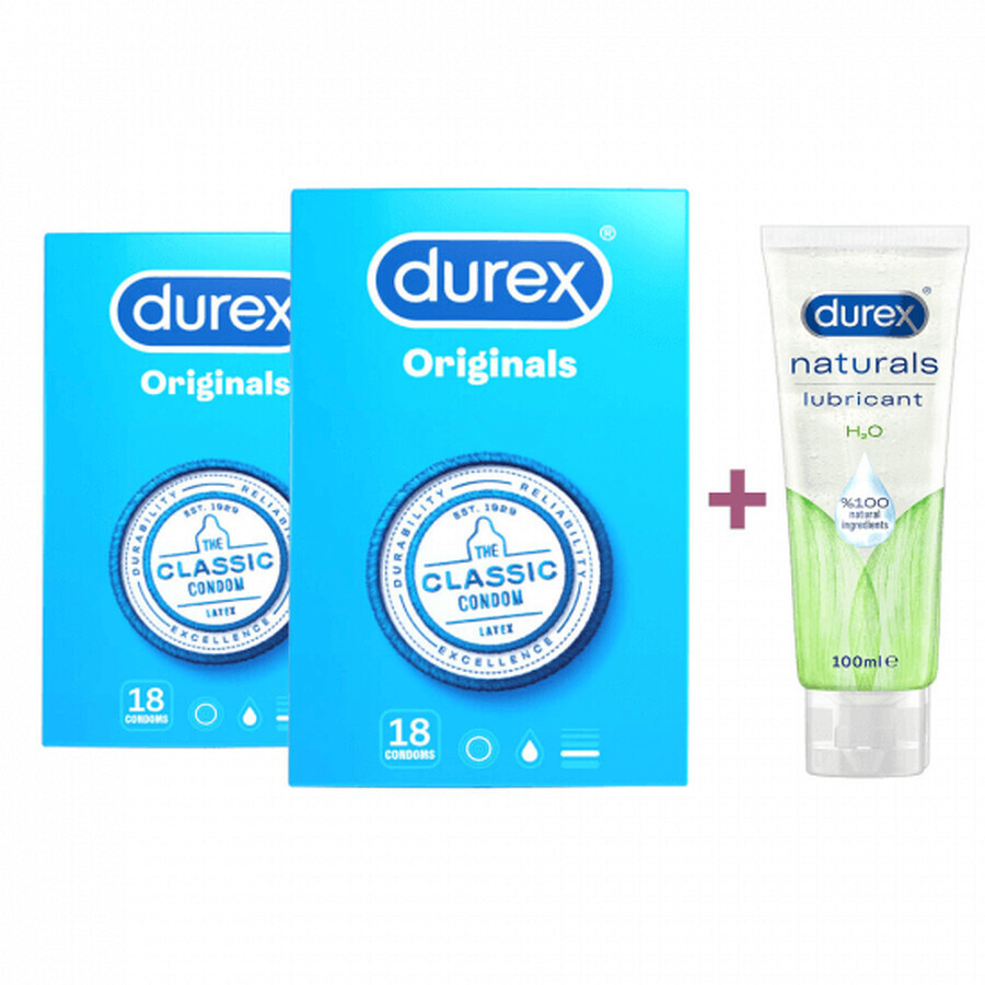 Pachet Prezervative Classic, 18 + 18 bucăți + Lubrifiant Naturals H2O, 100 ml, Durex