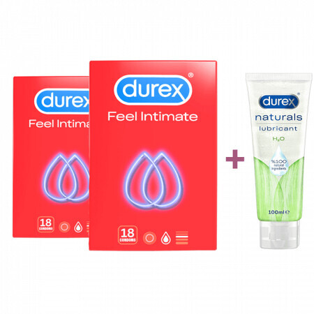 Pachet Prezervative Feel Intimate, 18 + 18 bucăți + Lubrifiant Naturals H2O, 100 ml, Durex