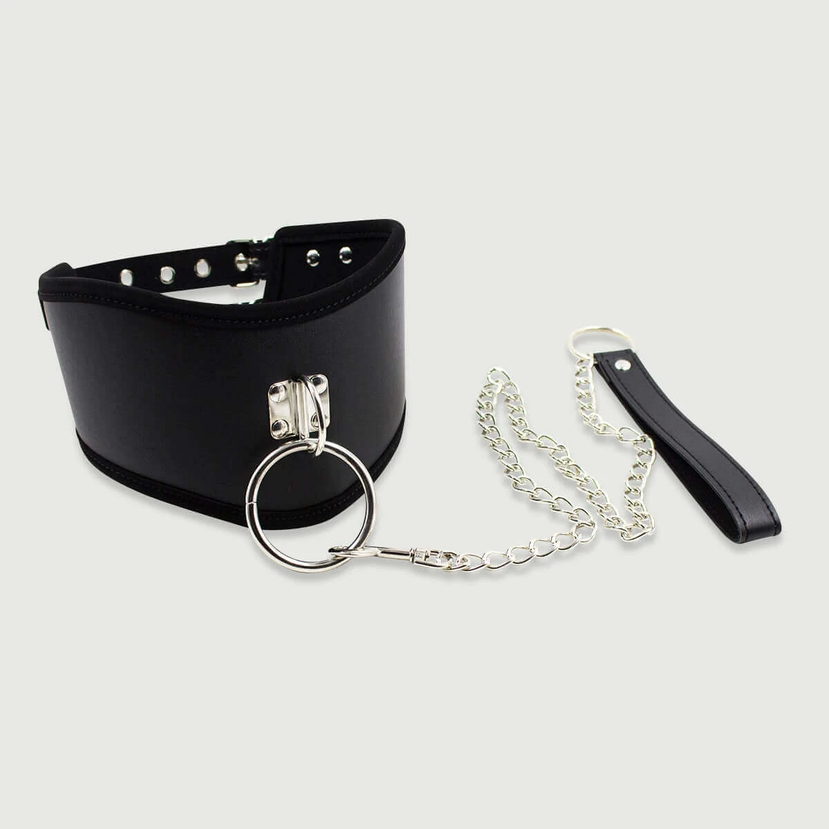 Breites Lederhalsband mit Doppelschnalle und Leine - Schwarz