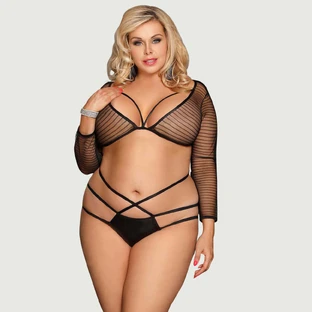 Set di reggiseni a maniche lunghe in pizzo a righe Plus Size - Nero - Grande/X-Large