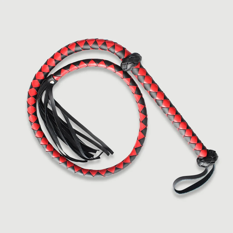 Fouet tressé avec motif bicolore et pompon en cuir - Rouge