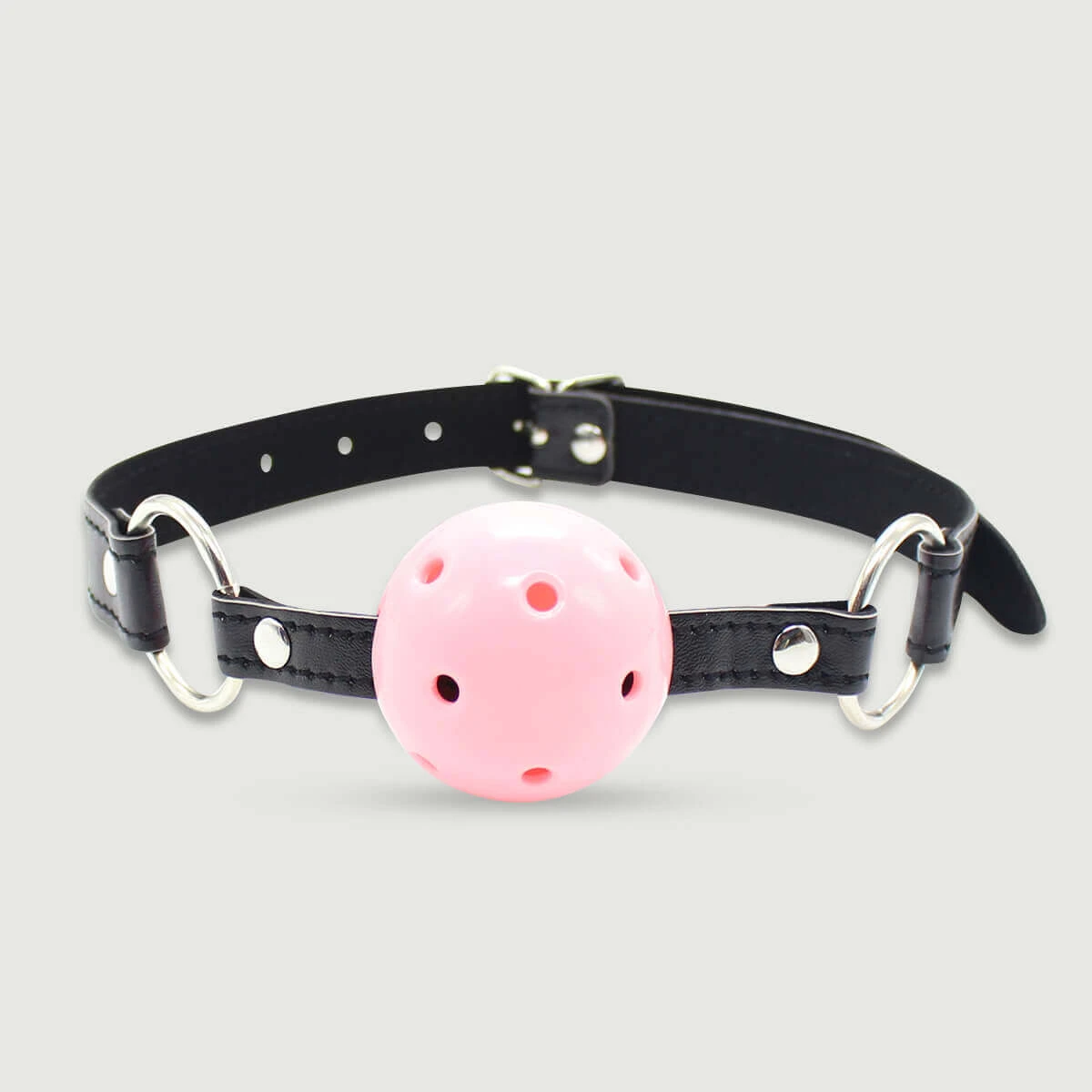 Atmungsaktiver Ballknebel mit Silikonball & Lederband mit O-Ringen - Pink