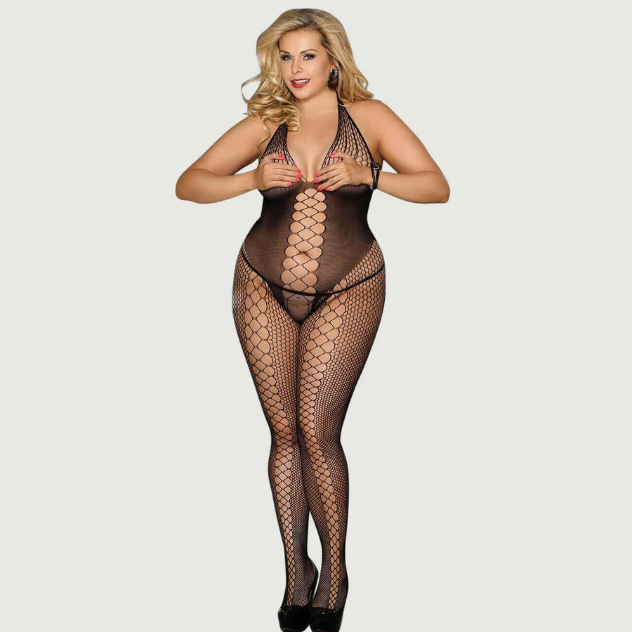 Siateczkowe bodystocking z odkrytymi plecami Plus Size z odkrytymi plecami - Czarny - Duży/X-Large: ceny i cechy