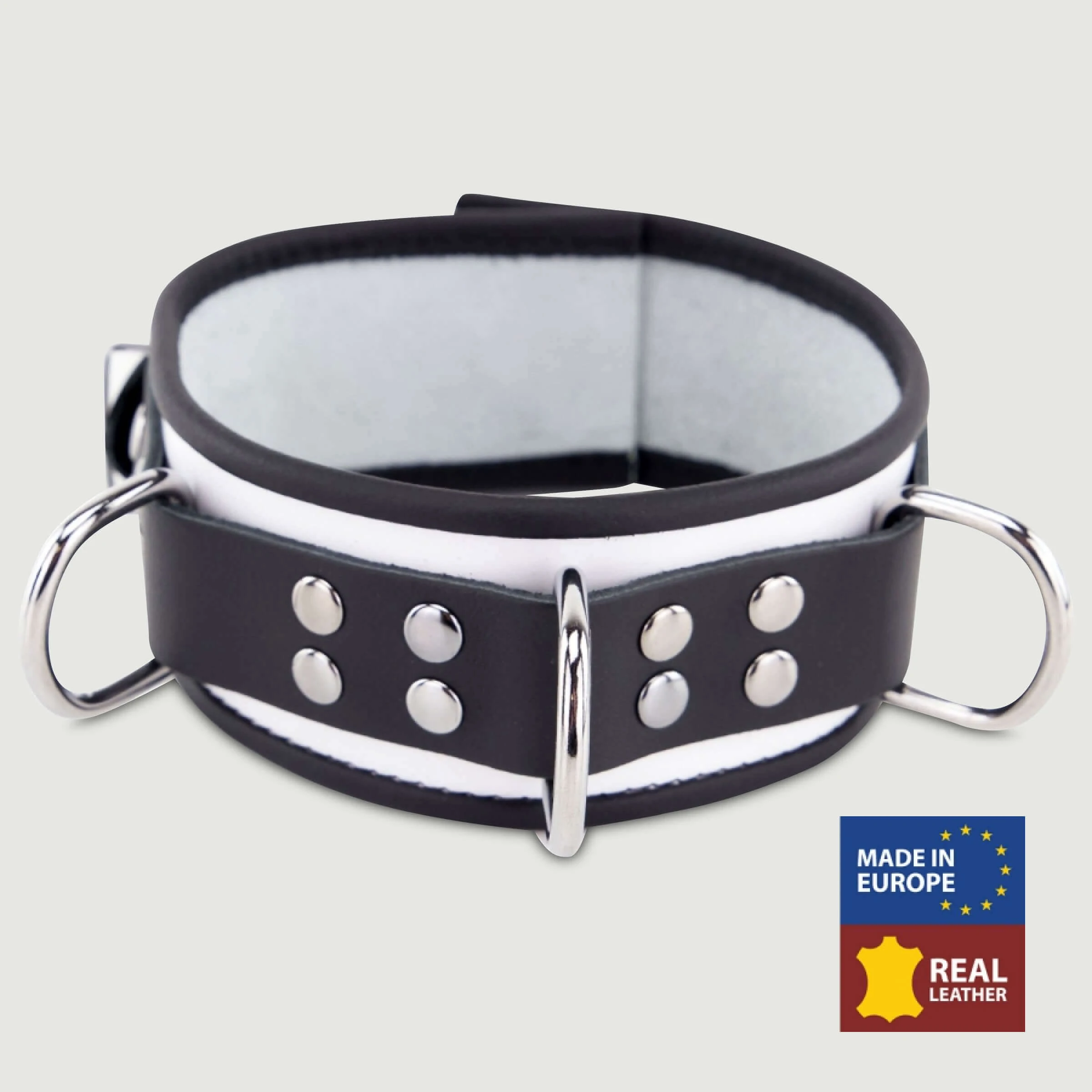 Lederhalsband mit D-Ringen - Weiß/Schwarz