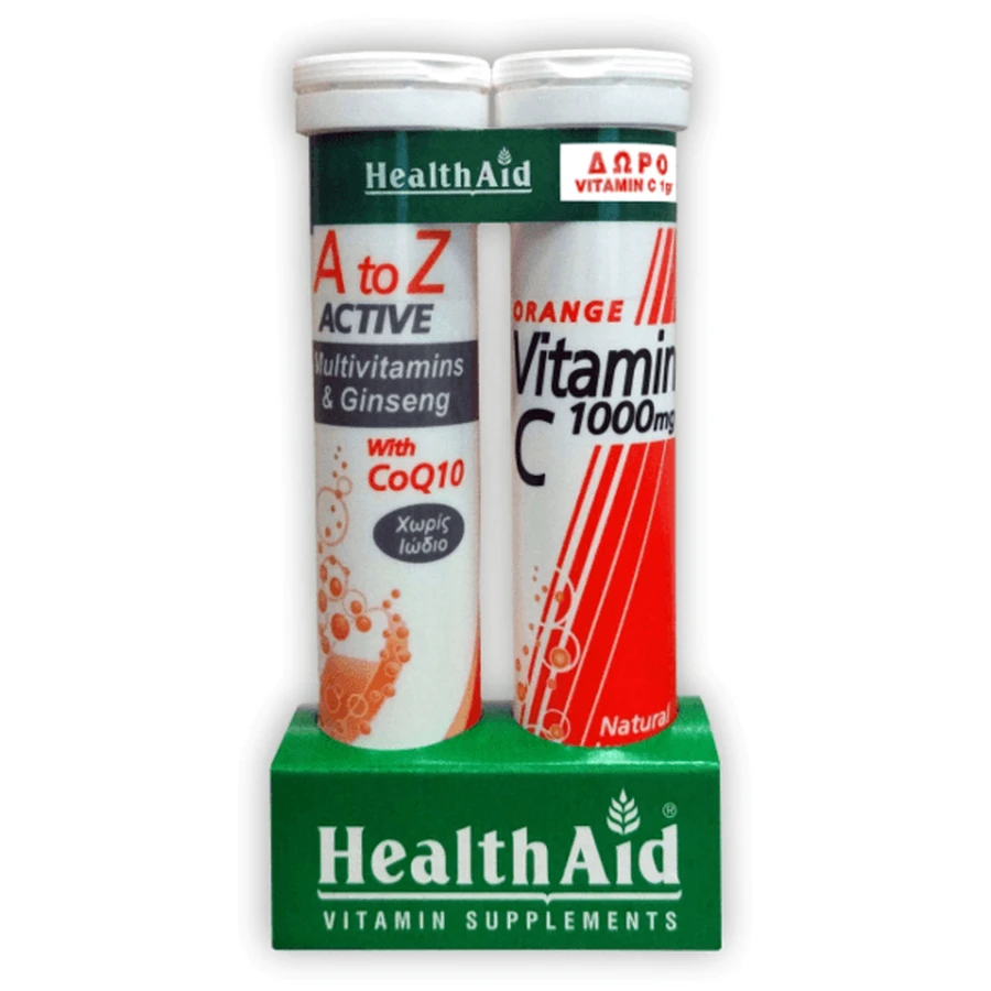 Health Aid | A-Z Active 20 tablete efervescente &amp; GRATUIT Vitamina C1000mg aromă de portocale 20 Tablete efervescente