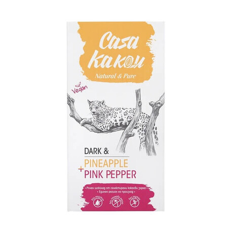 Ciocolata neagra artizanala cu ananas si piper roz, 70 gr, Casa Kakau