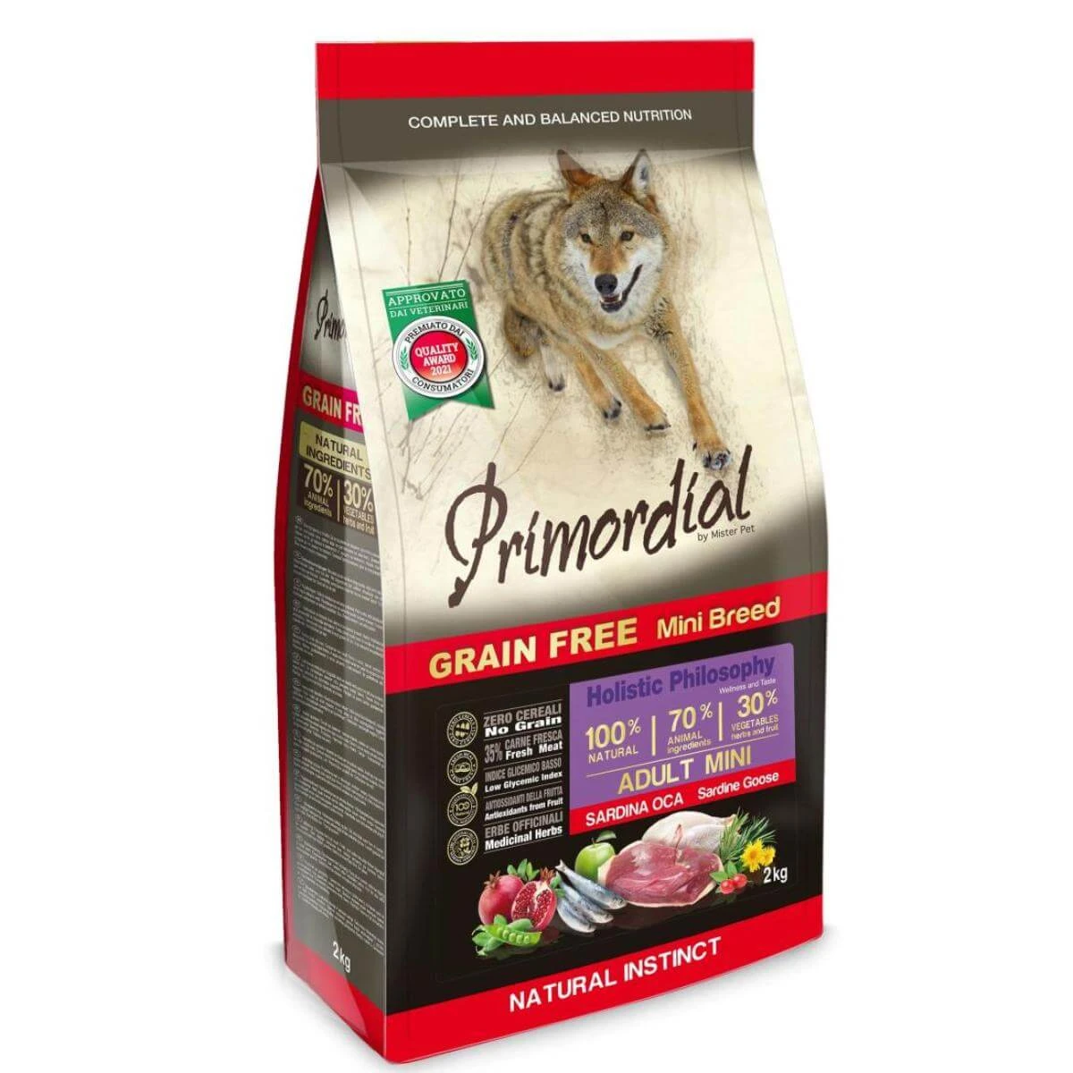 PRIMORDIAL Holistic Holistic Mini, XS-S, Sardine und Gans, getreidefreies Trockenfutter für Hunde, 2kg