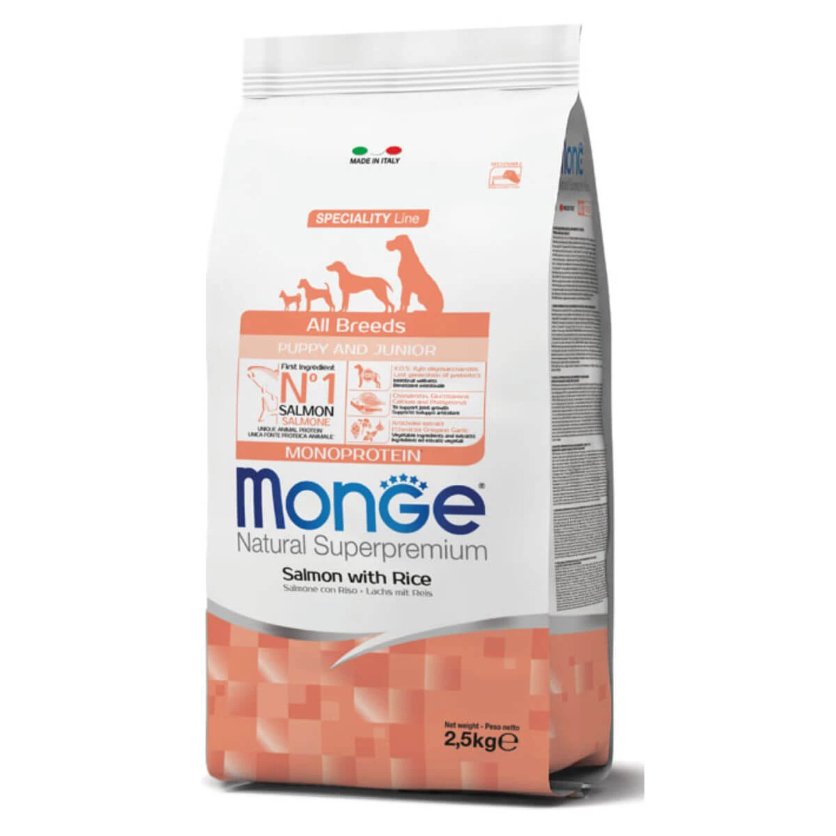 MONGE Natural Superpremium Monoprotein Puppy&Junior, XS-XL, Lachs und Reis, Trockenfutter für junge Hunde, 2,5kg