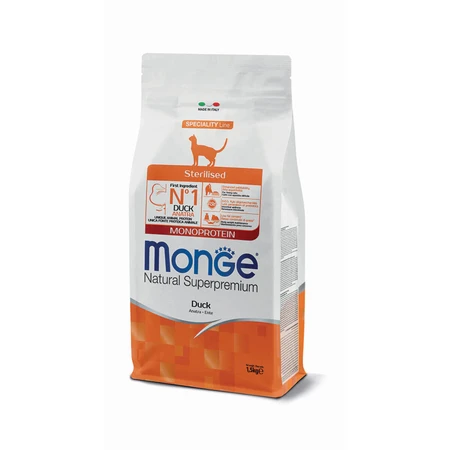 MONGE Natural Superpremium Monoprotein Sterilized, Duck, nourriture sèche pour chats stérilisés, 1.5kg