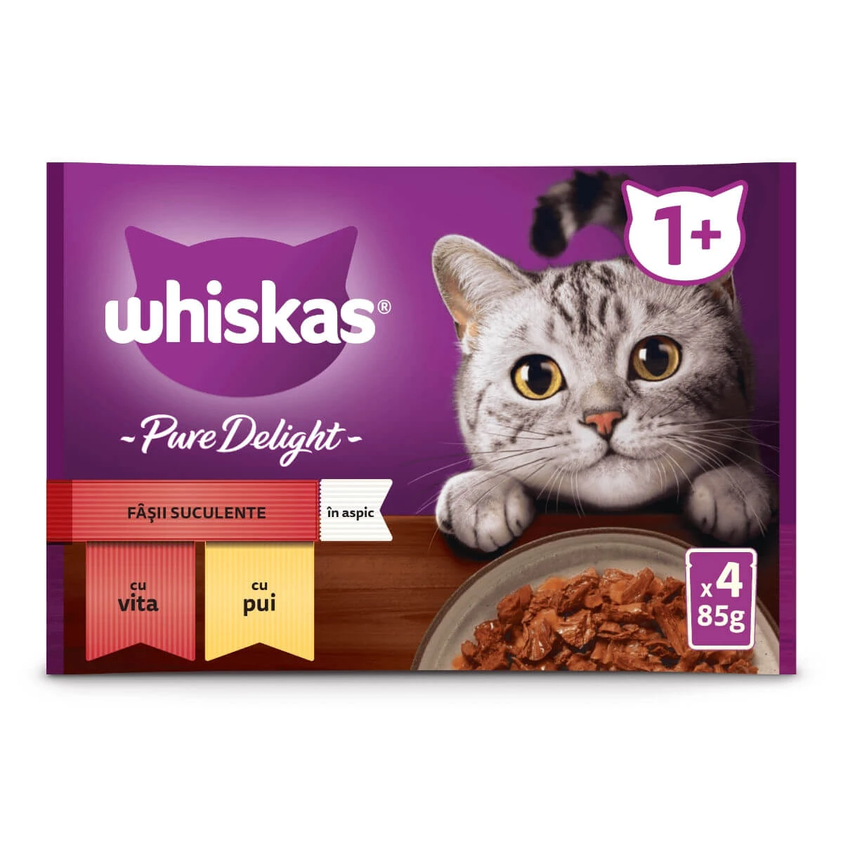 WHISKAS Pure Delight Classic Selections, Rind und Huhn, Sachet Nassfutter für Katzen, (in Aspik), Multipack, 85g x 4
