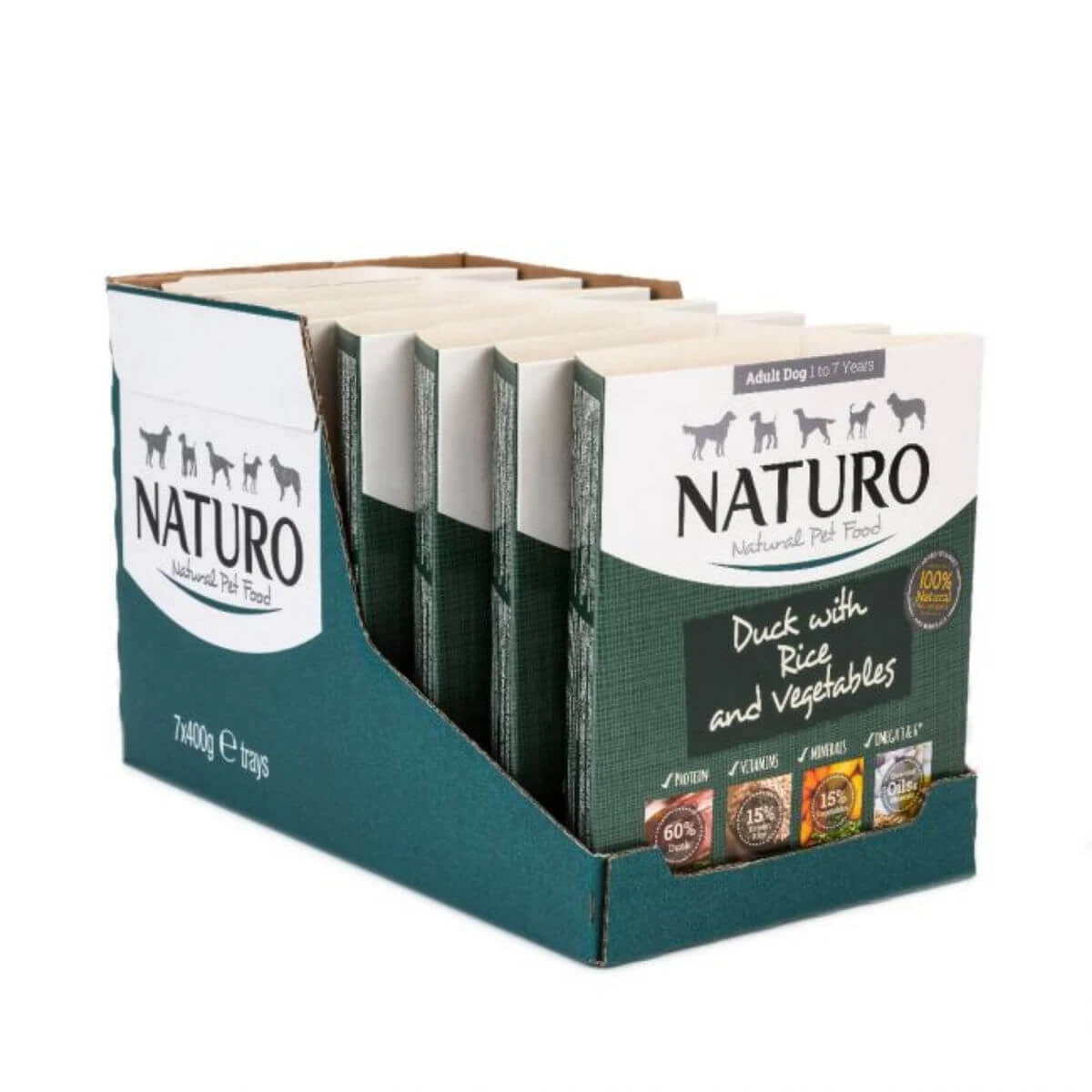 NATURO Low Grain, XS-L, Ente und Gemüse, getreidearmes Nassfutter für Hunde, Schale, (in Aspik), 400g