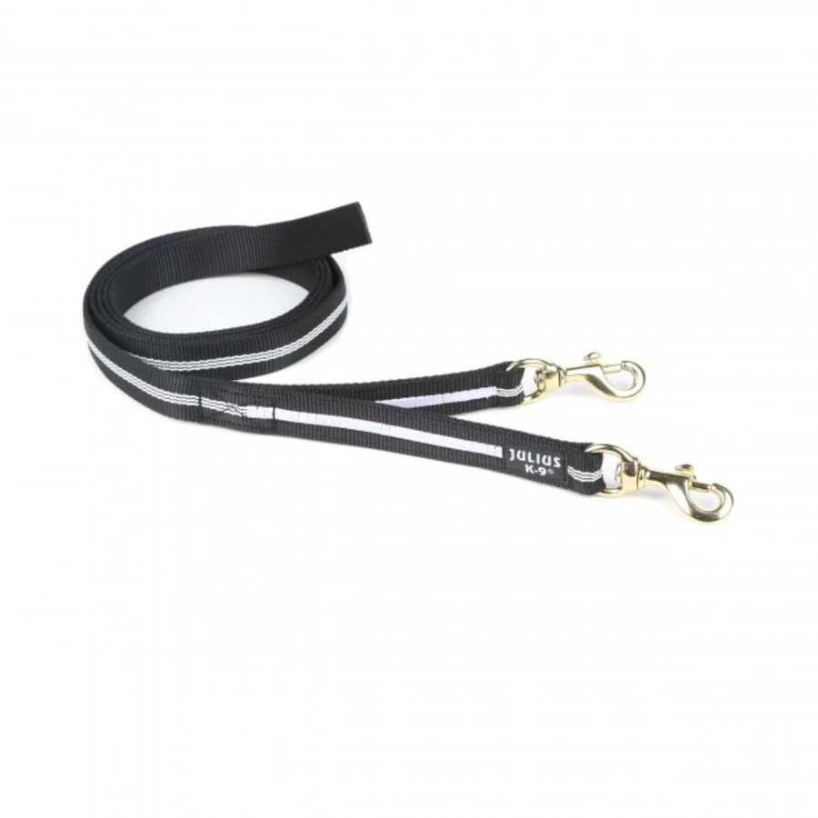 JULIUS-K9 IDC, Doppel-Y-Leine mit 2 Karabinern ohne Griff Hunde, Nylon, Band, 25mm x 2,2m, schwarz