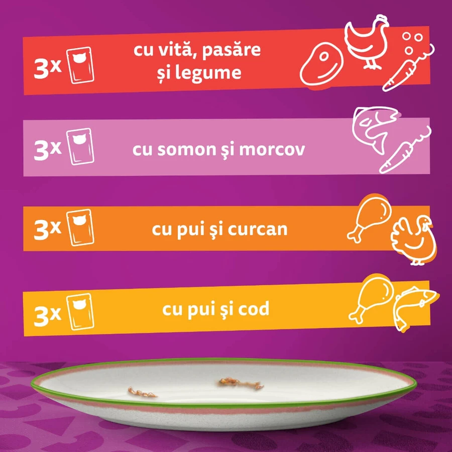 WHISKAS Tasty Mix Chef's Choice, saumon, bœuf, poulet et volaille, poulet et dinde, poulet et morue, sachet de nourriture humide pour chats, (en sauce), multipack, 85g x 12