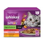 WHISKAS Tasty Mix Chef's Choice, saumon, bœuf, poulet et volaille, poulet et dinde, poulet et morue, sachet de nourriture humide pour chats, (en sauce), multipack, 85g x 12