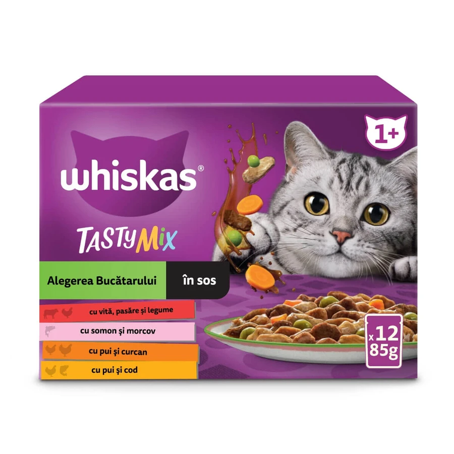 WHISKAS Tasty Mix Chef's Choice, saumon, bœuf, poulet et volaille, poulet et dinde, poulet et morue, sachet de nourriture humide pour chats, (en sauce), multipack, 85g x 12