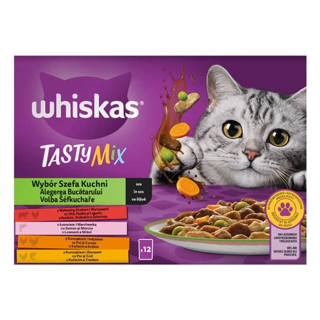 WHISKAS Tasty Mix Chef's Choice, saumon, bœuf, poulet et volaille, poulet et dinde, poulet et morue, sachet de nourriture humide pour chats, (en sauce), multipack, 85g x 12
