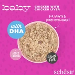 SCHESIR Baby Fillets, Pui și Ficat, conservă hrană umedă fără cereale pisici junior, (în supă), 70g