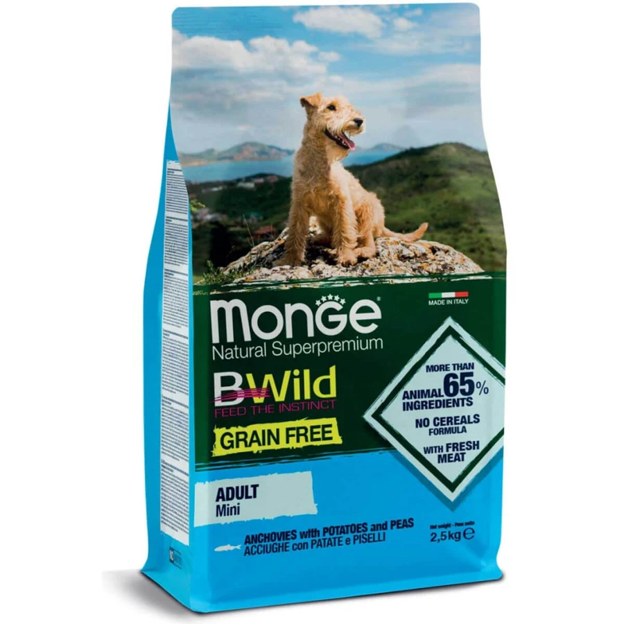 MONGE BWild Adult Mini, XS-S, Anchois et Pommes de terre, nourriture sèche, sans céréales, 2.5kg