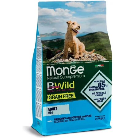 MONGE BWild Adult Mini, XS-S, Anchois et Pommes de terre, nourriture sèche, sans céréales, 2.5kg
