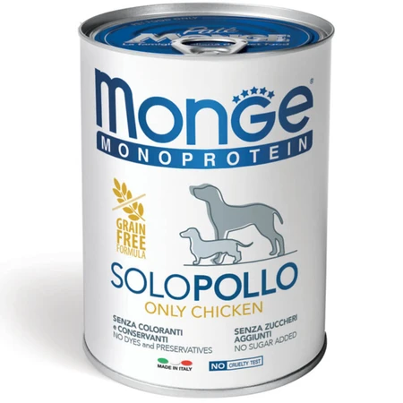 MONGE Monoprotein, XS-XL, Chicken, canned single protein grain-free wet food for dogs, (pâté), 400g