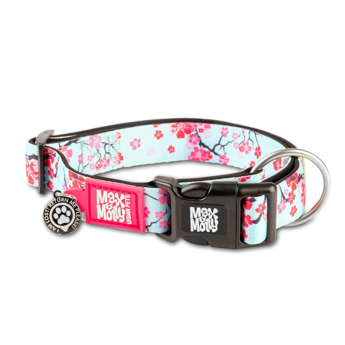 MAX & MOLLY Smart ID Cherry Bloom, Hundehalsband, verstellbar, Polyester, blau und rosa, Dreizackschnalle, XS(22-35 x 1cm)