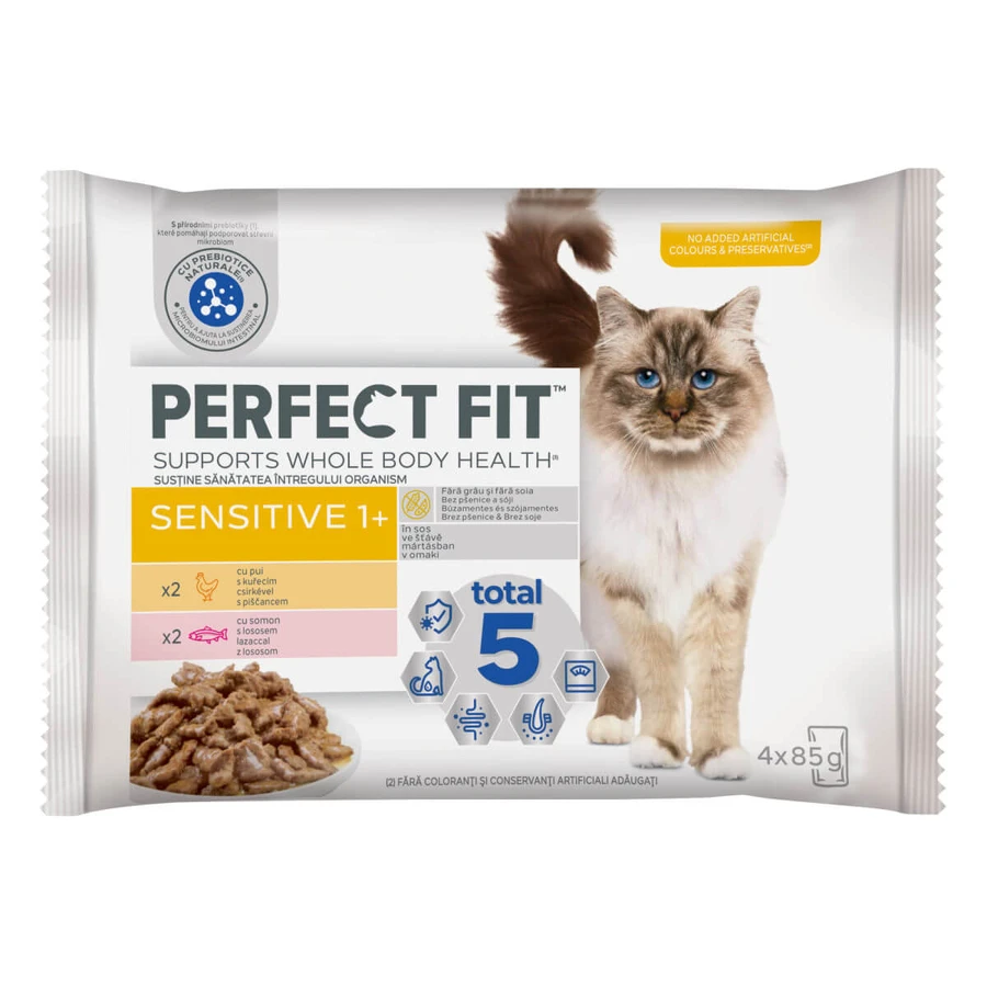 PERFECT FIT Cat Sensitive 1+ , Kip en Zalm, zakje natvoer voor katten, spijsverteringsstelsel, (in saus), multipack, 85g x 4st