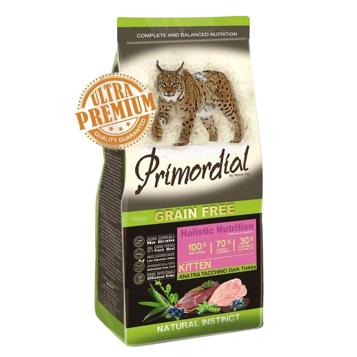 PRIMORDIAL Holistic Holistic Kitten, Ente und Pute, getreidefreies Trockenfutter für junge Katzen, 400g