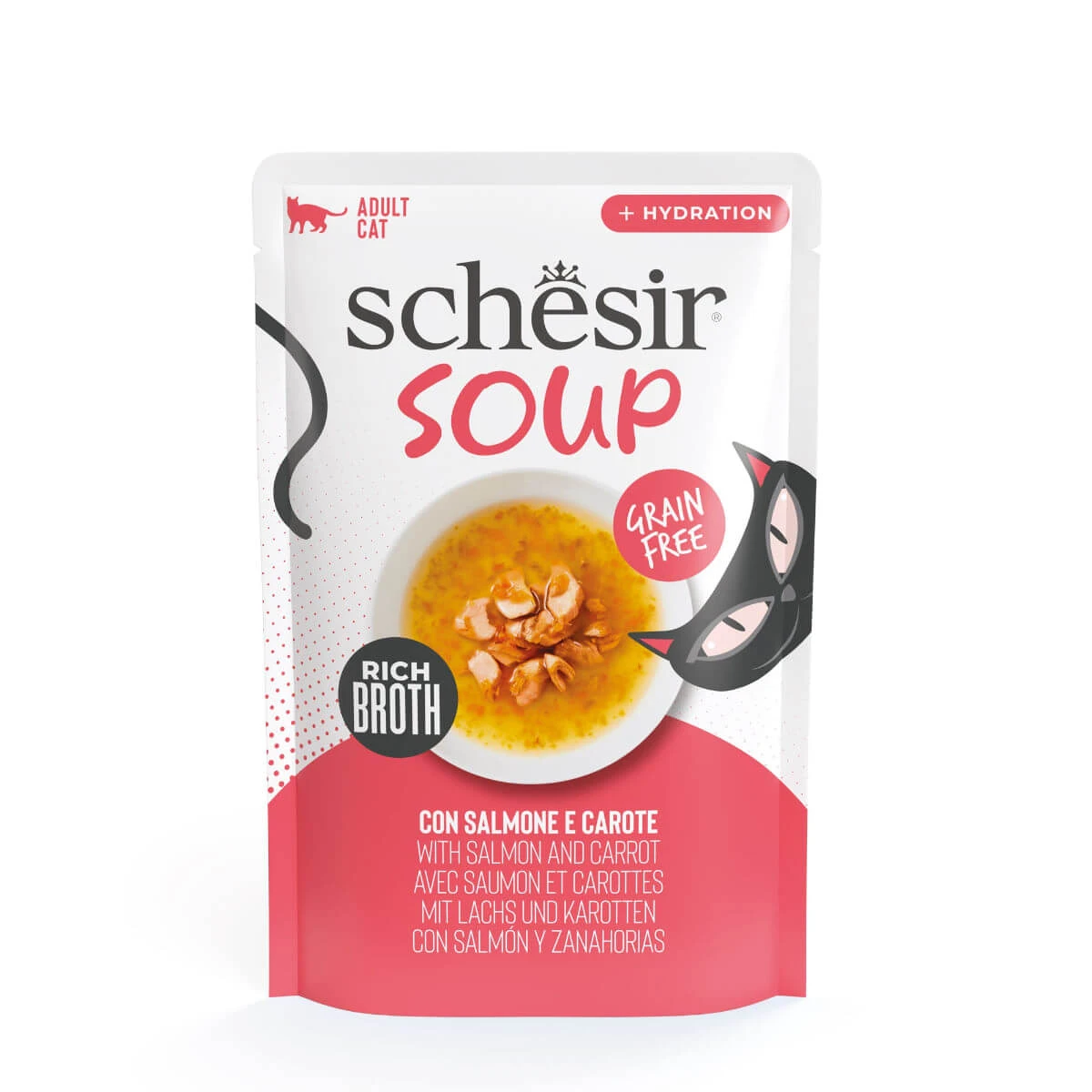 SCHESIR Ergänzende Suppe, Lachs und Karotte, Beutel getreidefreies Katzennassfutter, (in Suppe), 40g