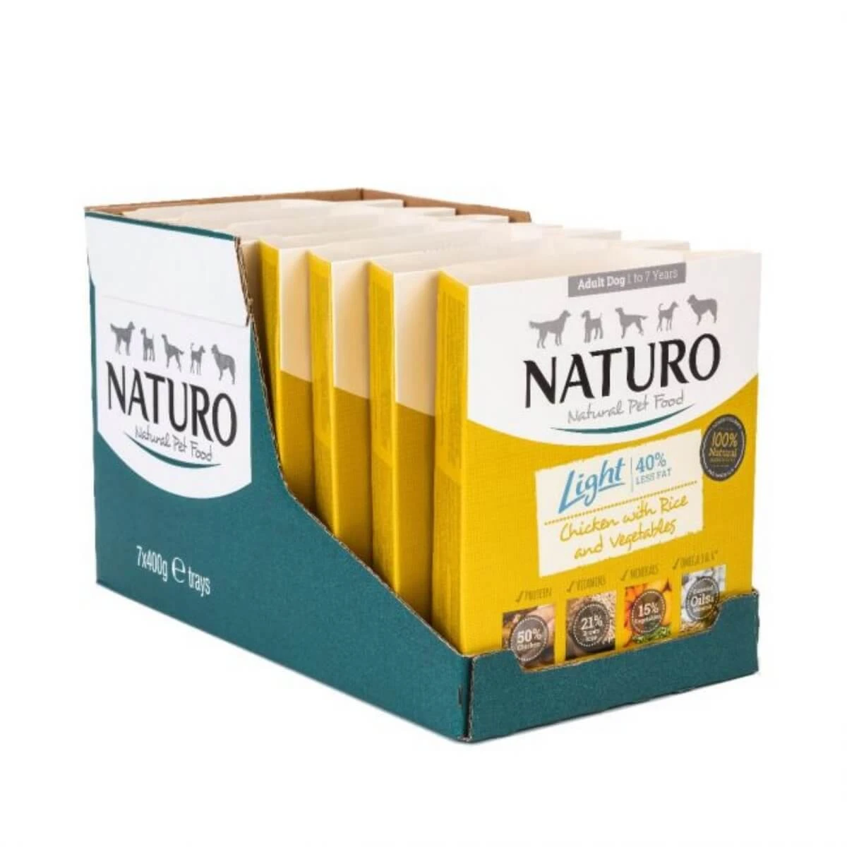 NATURO Low Grain Light, XS-L, Huhn und Gemüse, Nassfutterschale getreidearme Hunde, Gewichtsmanagement, (in Aspik), 400g