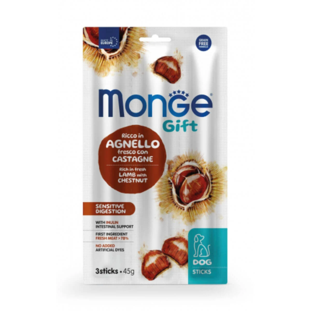 MONGE Gift Sensitive Digestion, XS-XL, Honig und Kastanien, funktioneller getreidefreier Belohnungsbeutel für Hunde, Verdauungssystem, 45g