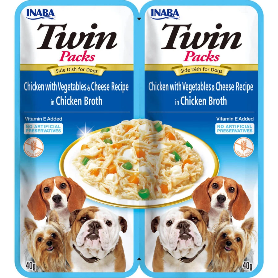 INABA Churu Dog Twin, XS-XL, Kip en Kaas, zakje graanvrij nat hondenvoer, (in soep), 80g