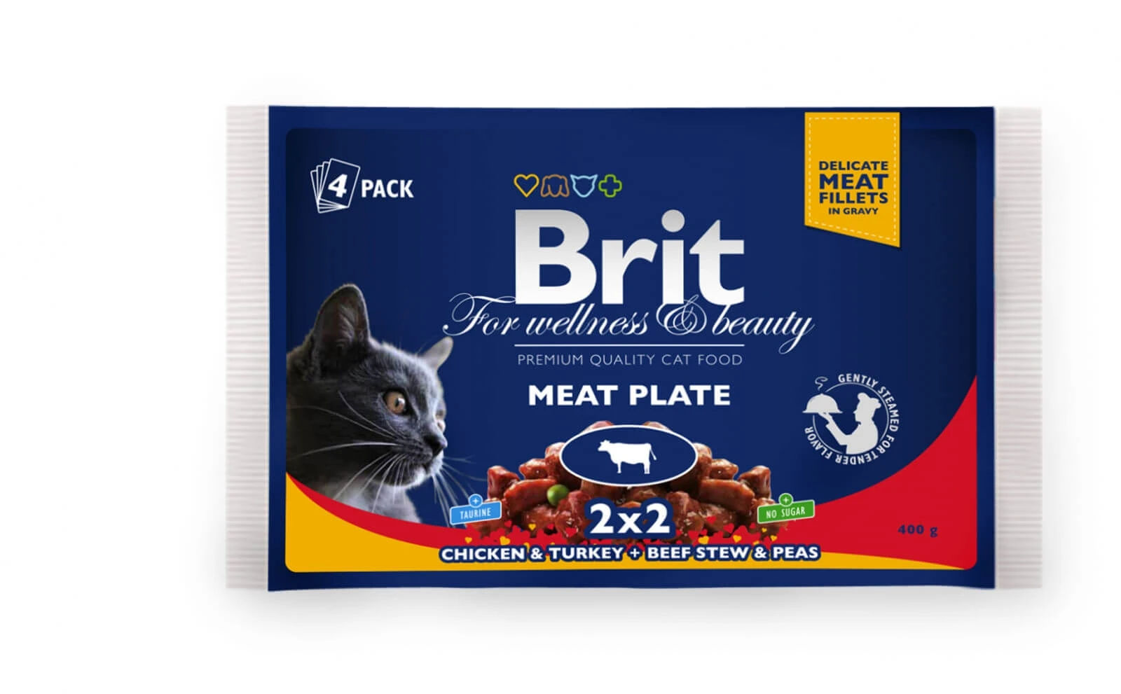 BRIT Premium Multipack Meat Plate, 2 Geschmacksrichtungen, Mischpackung, Beutel Katzennassfutter, (in Sauce), 100g x 4