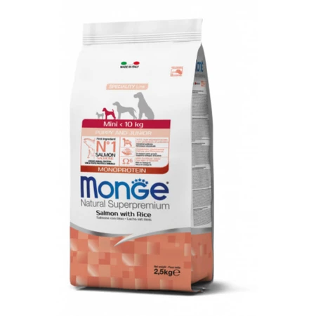 MONGE Natural Superpremium Monoprotein Puppy&Junior Mini, XS-S, Salmón & Arroz, alimento seco para perros junior, 2,5kg