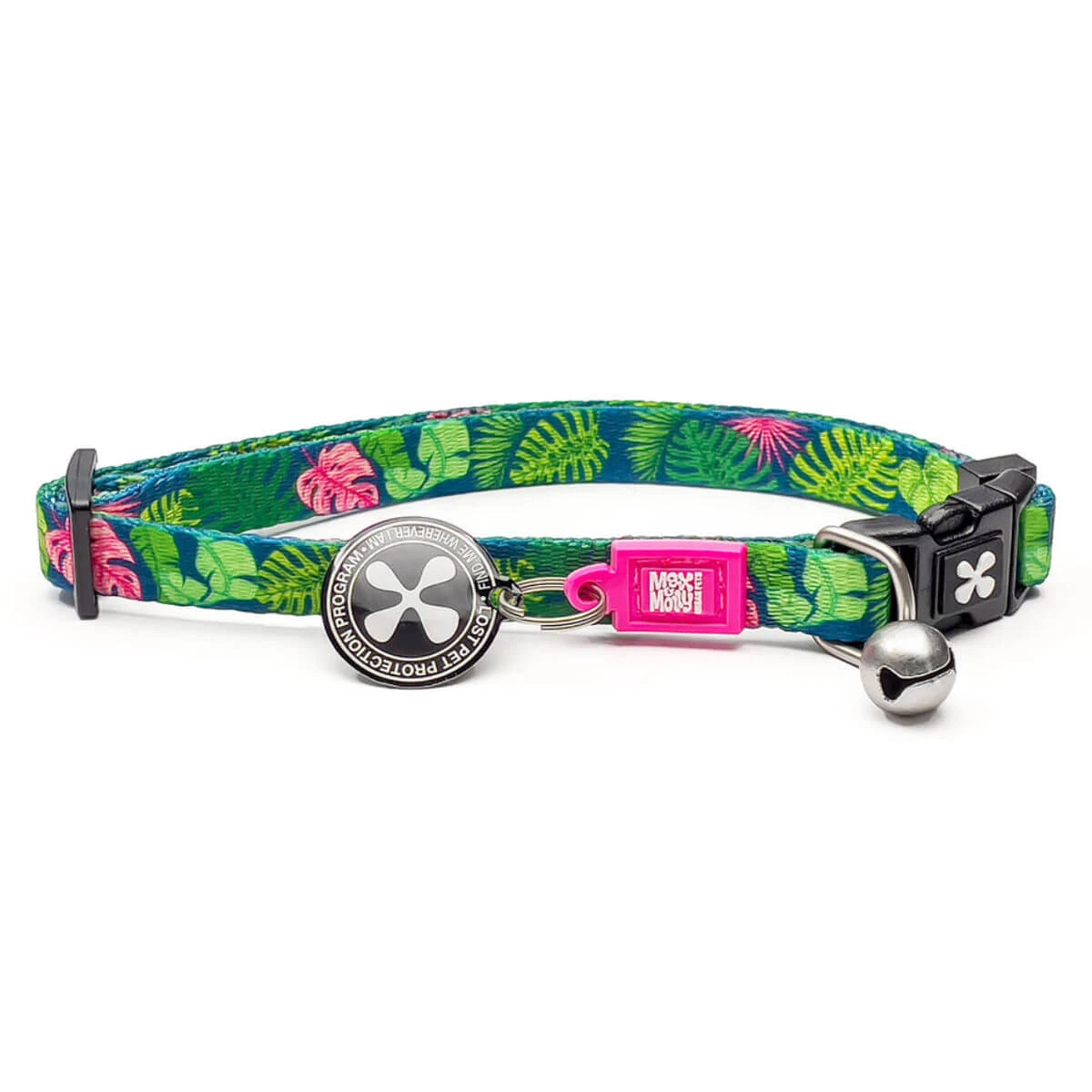 MAX & MOLLY Smart ID Tropical, Katzenhalsband, verstellbar, Polyester, grün, Dreizackschnalle, 22-35 x 1cm