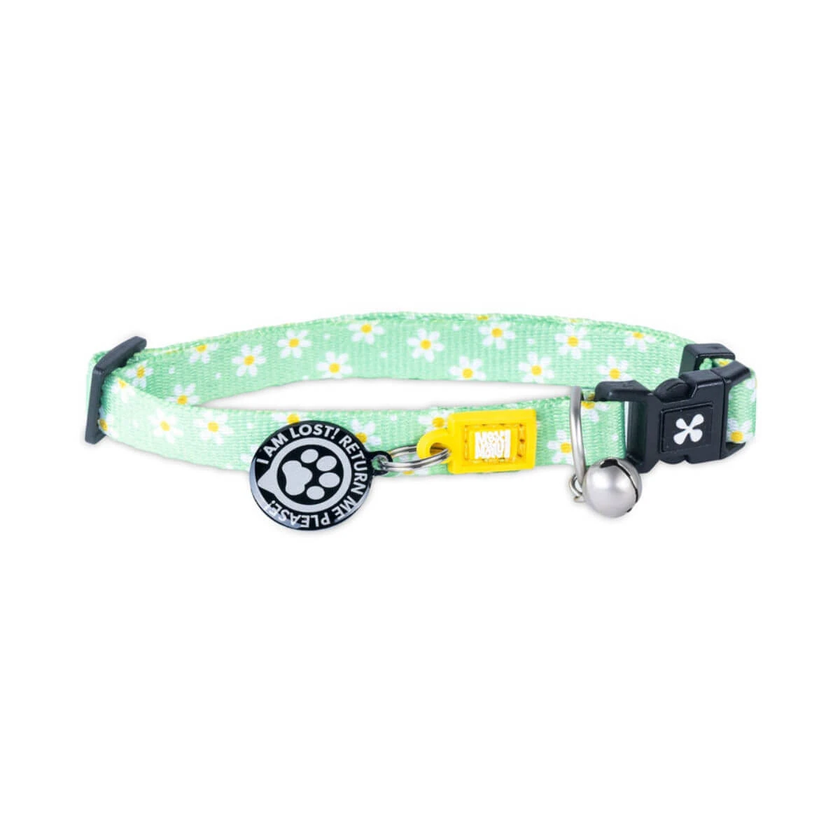 MAX & MOLLY Smart ID Daisies, Katzenhalsband, verstellbar, Polyester, grün, Dreizackschnalle, 22-35 x 1cm