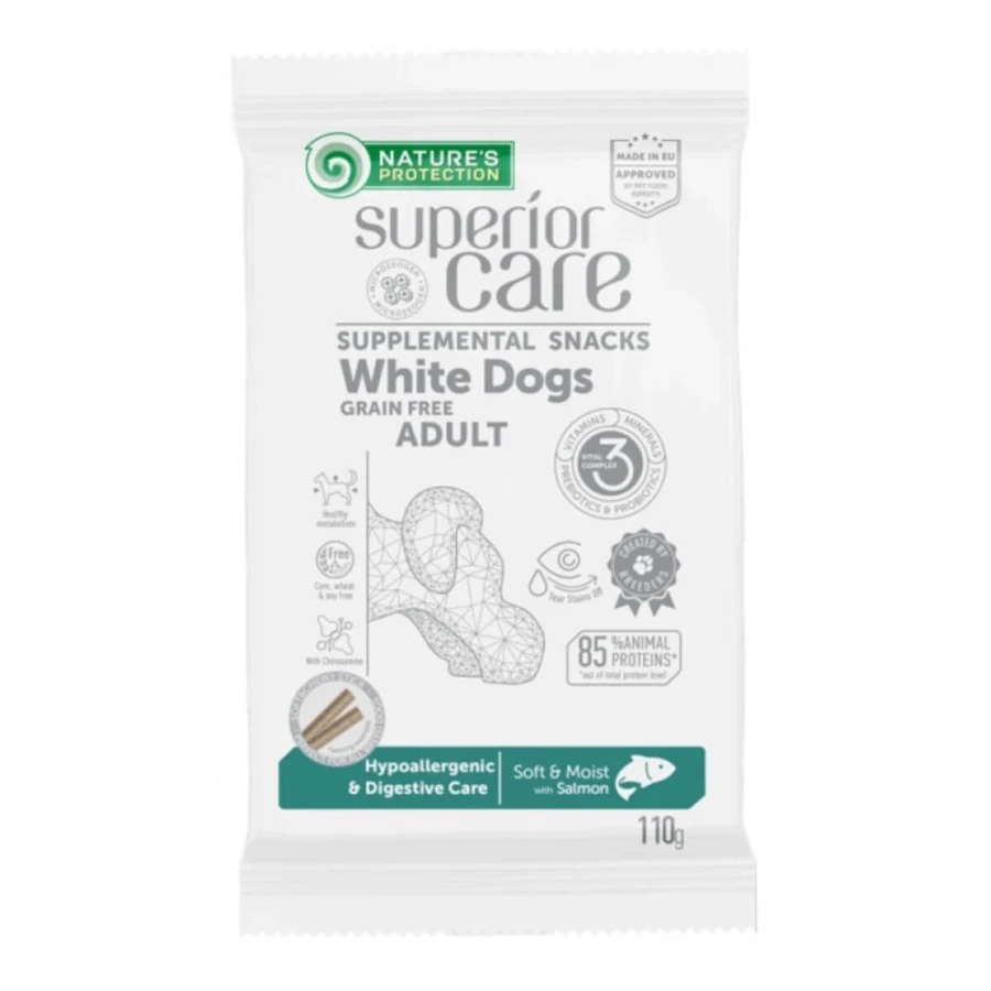 NATURES PROTECTION Superior Care Superior Care White Fur, Lachs, hypoallergen, funktionell, getreidefrei, getreidefreie Belohnung für Hunde mit Verdauungsproblemen, 110 g