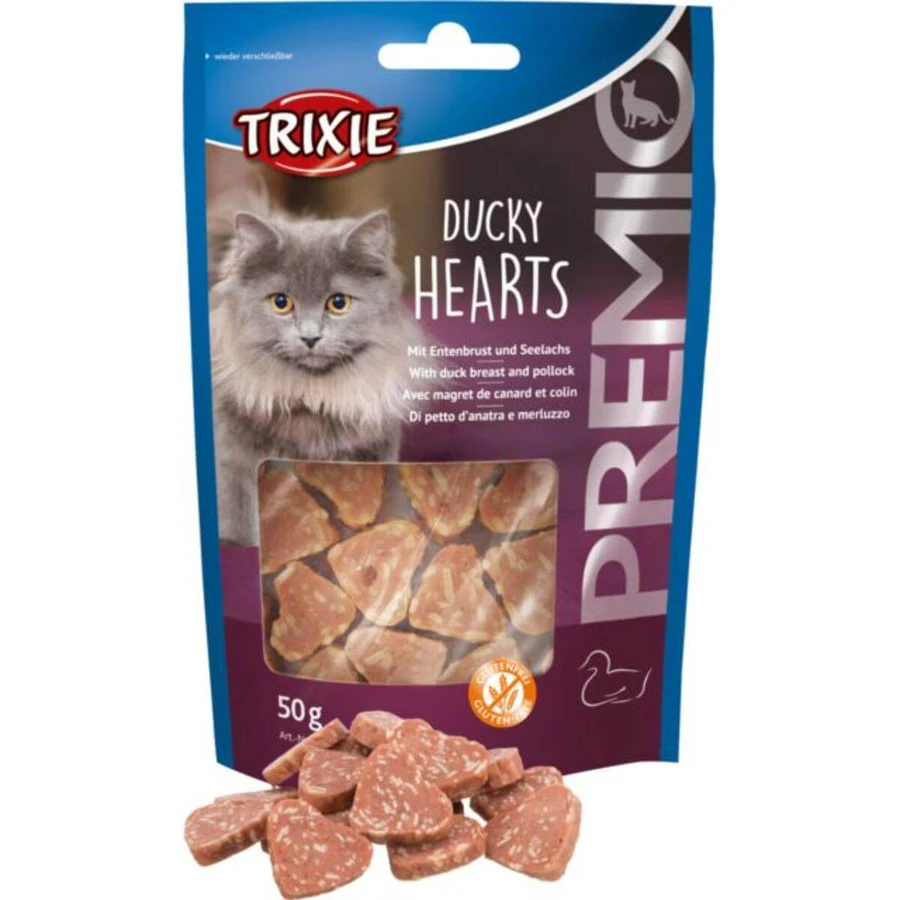 TRIXIE Premio Hearts, Duck and Cod, cereal-free reward bag for cats, 50g
