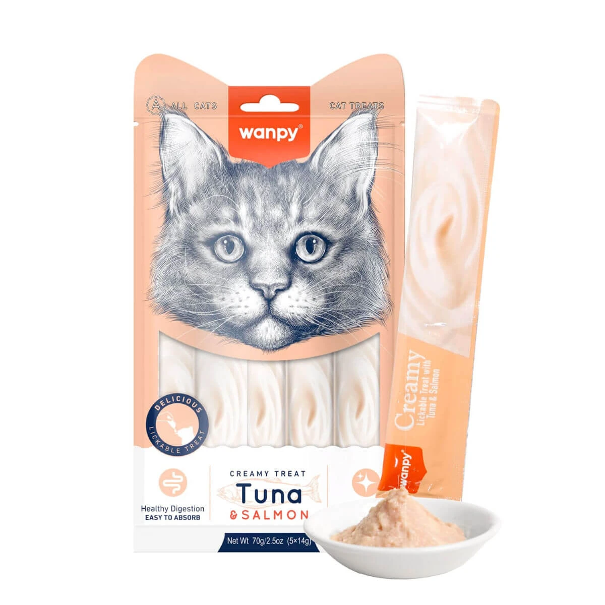 WANPY Creamy Treat, Thunfisch und Lachs, Belohnungsbeutel für Katzen, (Püree), 70g