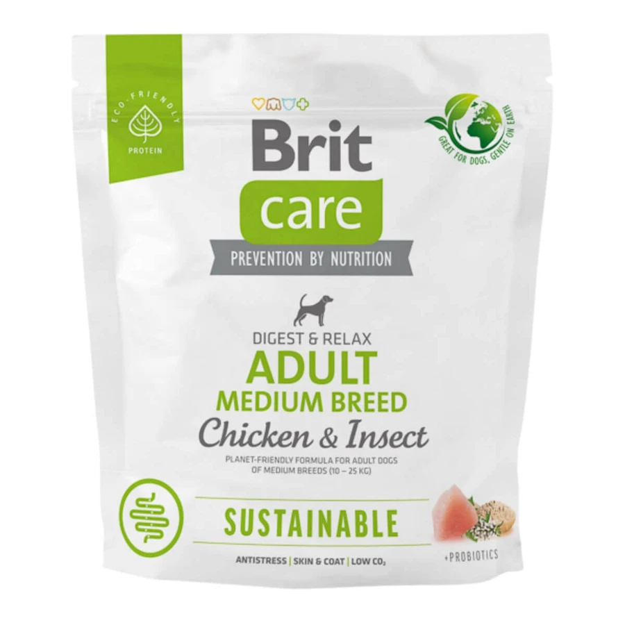 BRIT Care Sustainable Adult Medium Breed, M, Pui și Insecte, hrană uscată câini, sistem digestiv, 1kg