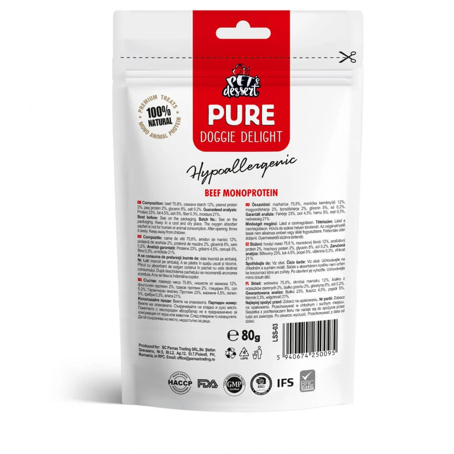 PET'S DESSERT Pure Doggie Delight Hypoallergenic, XS-XL, Vită, punguță recompense monoproteice fără cereale câini, alergii, 80g