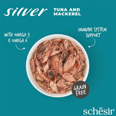 SCHESIR Silver, Tuńczyk i Makrela, bezzbożowa mokra karma w puszce dla kotów seniorów, (w zupie), 70g: ceny i cechy