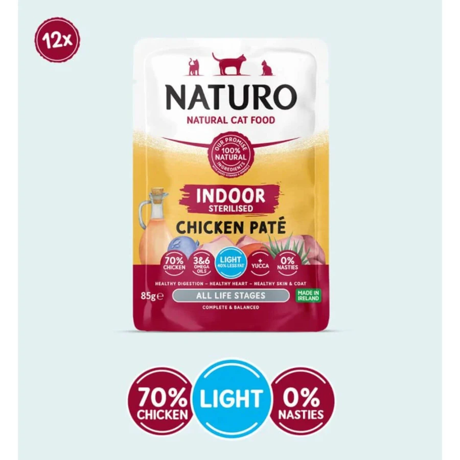 NATURO Indoor Sterilized, Huhn, Sachet getreidefreies Nassfutter für sterilisierte Katzen, (Pastete), 85g