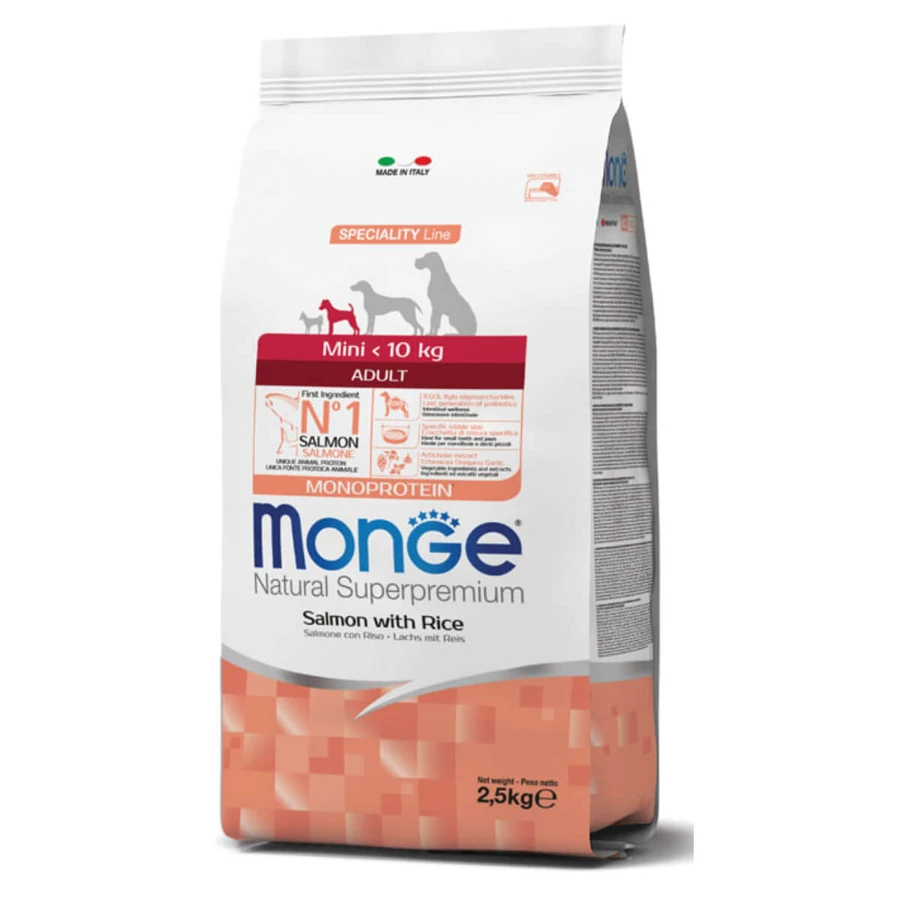 MONGE Natural Superpremium Monoprotein Adult Mini, XS-S, saumon et riz, croquettes pour chien, 2.5kg