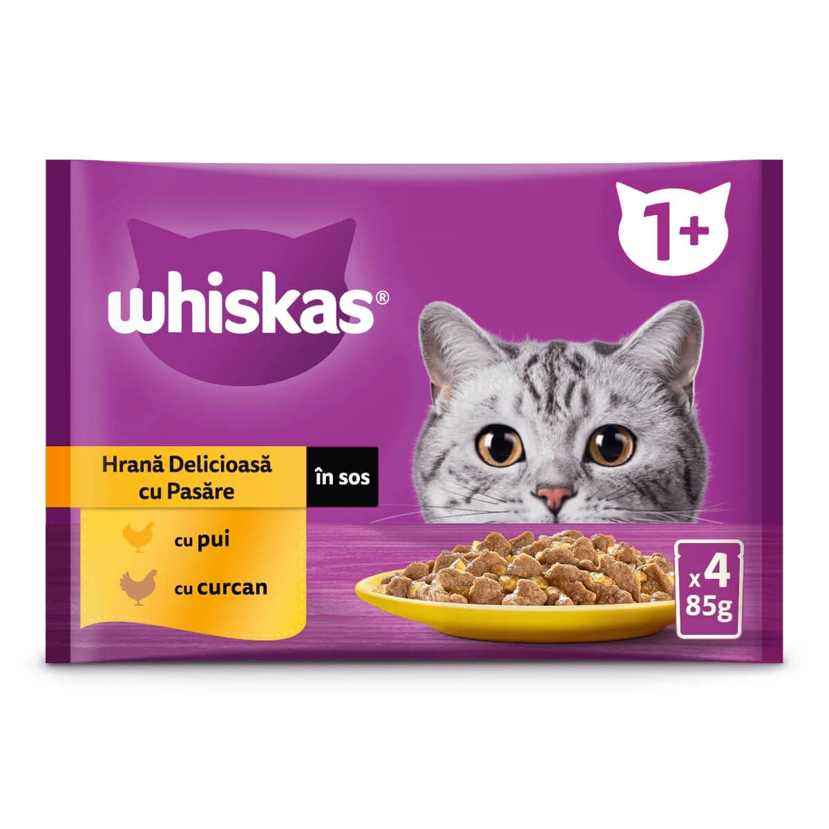 WHISKAS Selections Geflügel, Huhn und Truthahn, Sachet Nassfutter für Katzen, (in Sauce), Multipack, 85g x 4