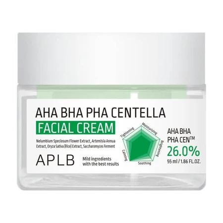 APLB AHA BHA PHA Centella Facial Cream, cremă de față exfoliantă și calmantă cu acizi și Centella Asiatica, 55 ml